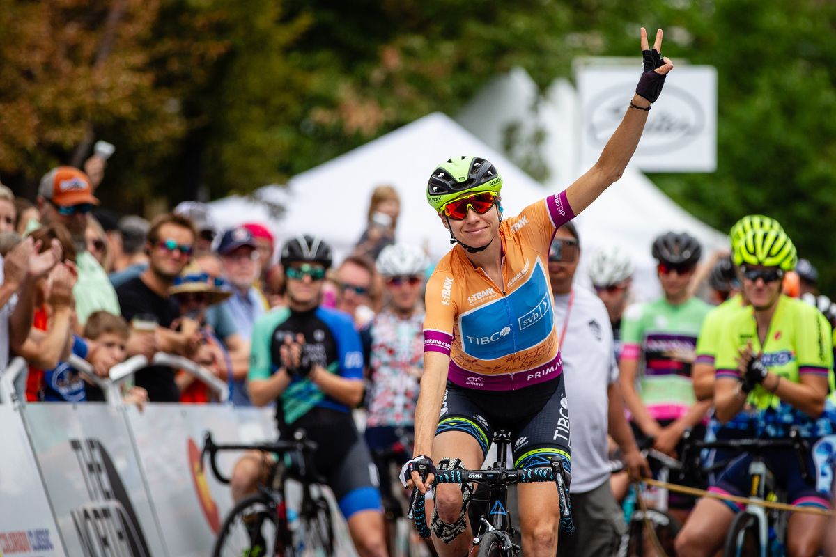 Brodie Chapman (TIBCO) rolls to the start line for stage 3 of the Colorado Classic on August 24, 2019 in Golden, Colorado.