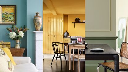 Pale blue living room, sofa, jug - vase of flowers, antique vase and painting / A full yellow kitchen with wooden chairs and tables / A two toned green dining room with a darker shade on the bottom of the wall and al ighter shade on top, a wooden dining table and one chair. 