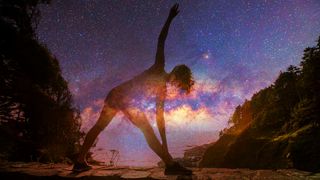 Woman exercising image montage with zodiac sky