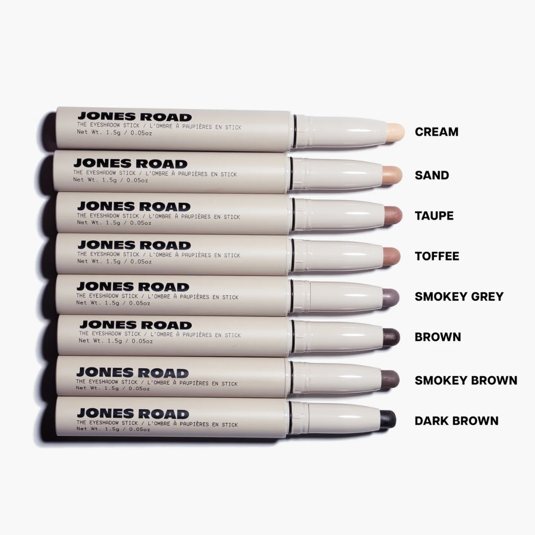 The entire lineup of Jones Road Beauty The Eyeshadow Sticks with their shade names next to them