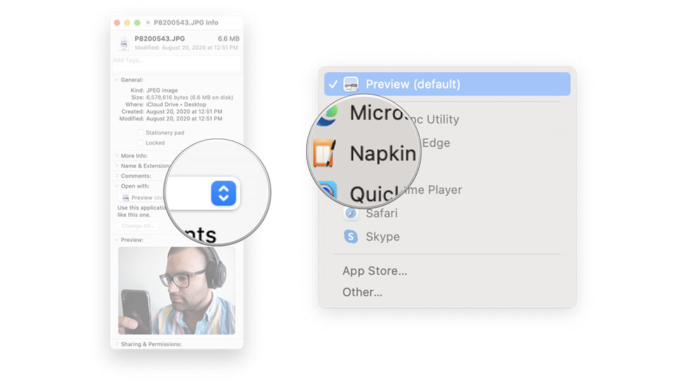 Изменить приложение по умолчанию в macOS: щелкните раскрывающееся меню, а затем выберите приложение, которое хотите использовать.