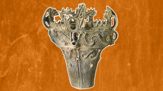a coil-built pot that tapers from the top and has stylized flames around the rim, against an orange background
