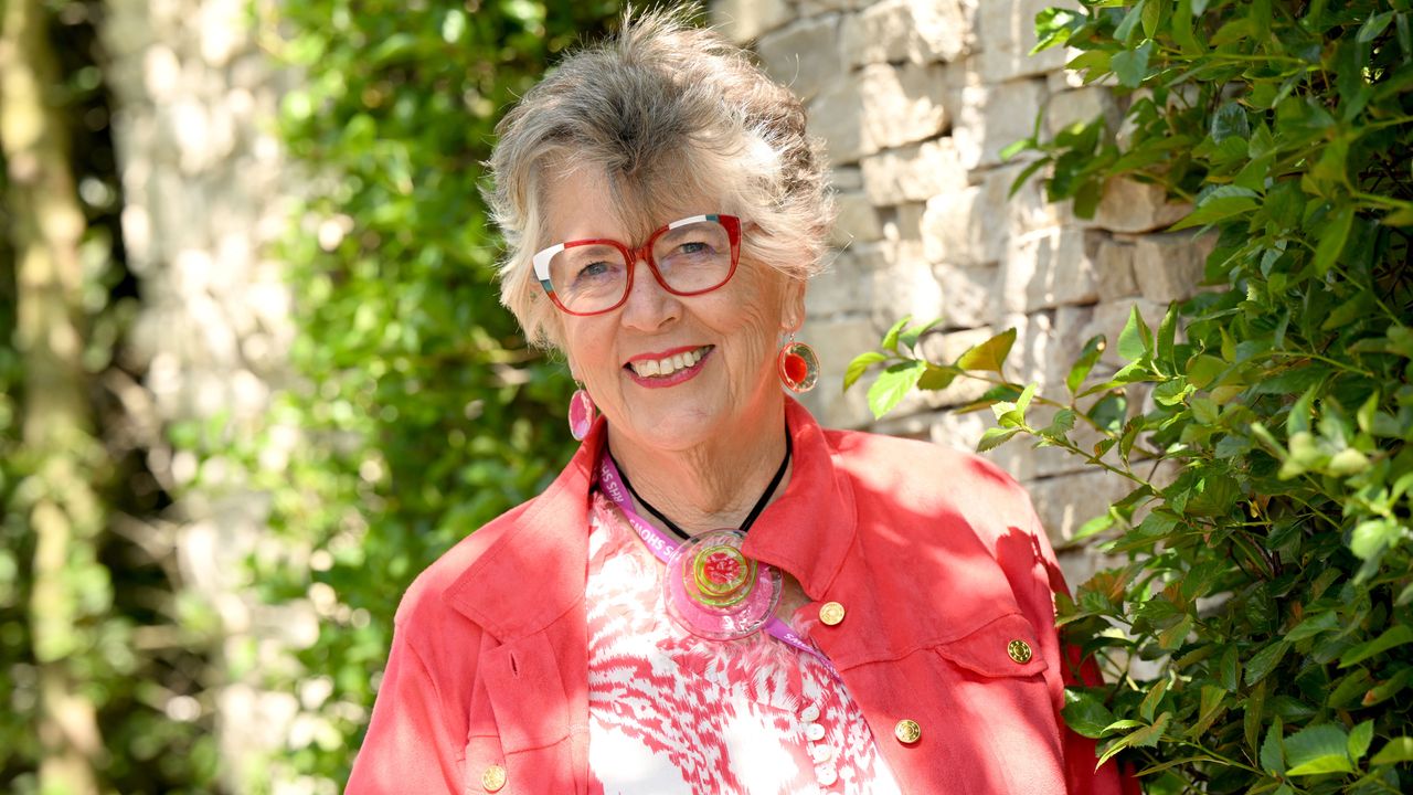 Prue Leith in pink shirt against stone wall