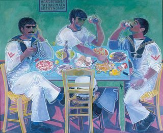 John Craxton, Still Life with Three Sailors, 1980-85. Tempera on canvas. Private Collection, UK. © 2018 Craxton Estate/DACS.