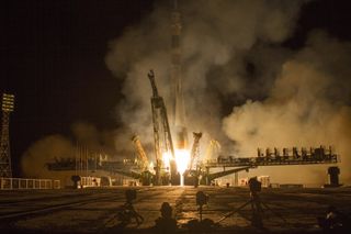 A Soyuz TMA-10M rocket launches from the Baikonur Cosmodrome in Kazakhstan at 2:58 a.m. local time on Thursday, Sept. 26, 2013 carrying Expedition 37 Soyuz Commander Oleg Kotov, NASA Flight Engineer Michael Hopkins and Russian Flight Engineer Sergey Ryazanskiy to the International Space Station.