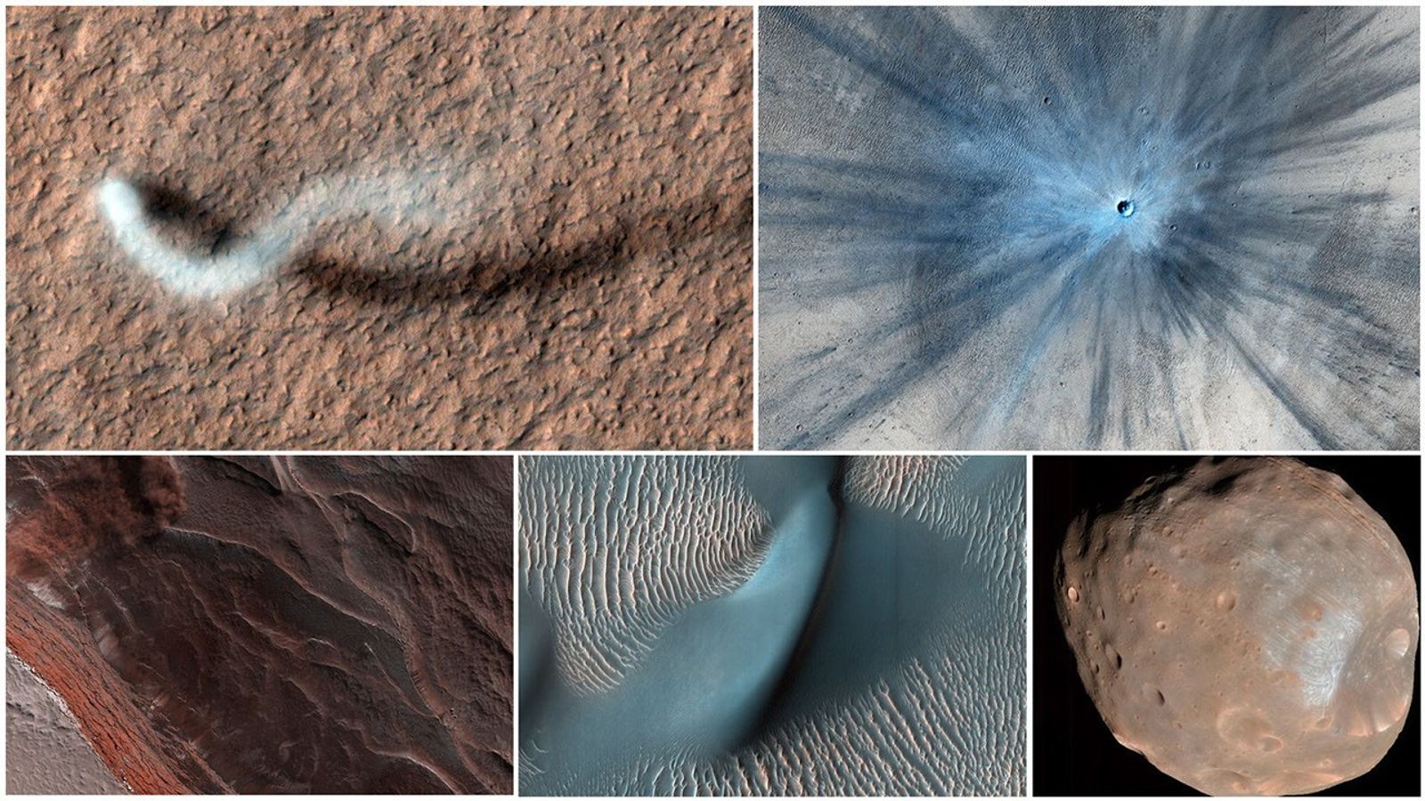 A collage of five images taken by the HiRISE camera aboard NASA&#039;s Mars Reconnaissance Orbiter.