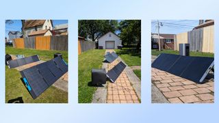 A bunch of portable power station being charged with solar panels.