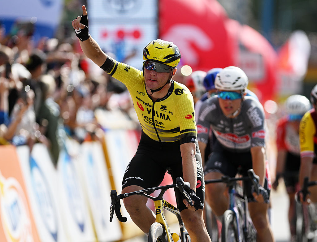 LEGNICA, POLAND - AUGUST 04: Olav Kooij of Netherlands and Team Visma | Lease a Bike celebrates at finish line as stage winner during the 82nd Tour de Pologne 2025, Stage 1 a 199.7km stage from Wroclaw to Legnica on August 04, 2025 in Legnica, Poland. (Photo by Luc Claessen/Getty Images)