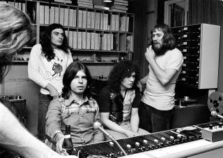 T.Rex at Rosenberg Studios, March 1972: (l-r) Mickey Finn, Tony Visconti, Marc Bolan and engineer Freddy Hansson