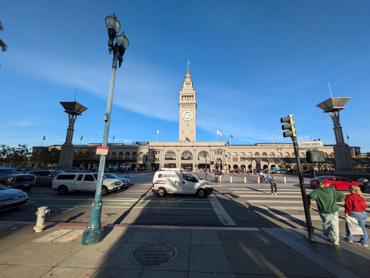 Ultrawide exterior photo of San Francisco ferry building shot by Pixel 8a