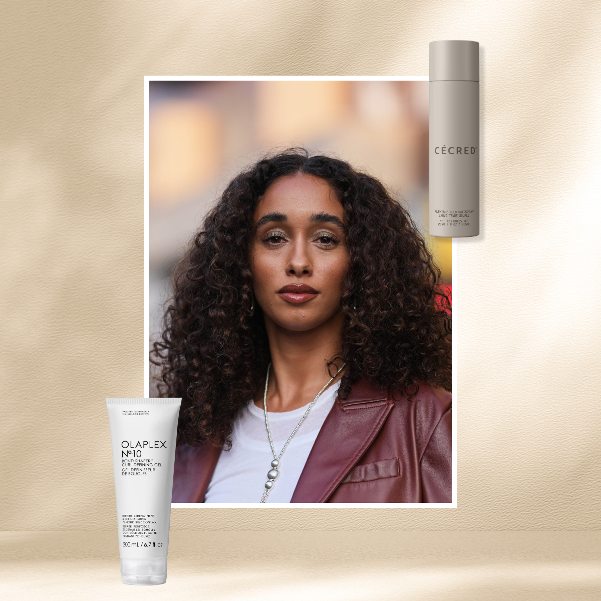 a woman in a fashionable red blazer and curly hair next to humidity hair products