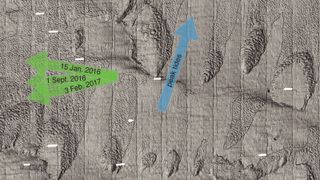 A grainy image of the seafloor with arrows showing how currents impact it