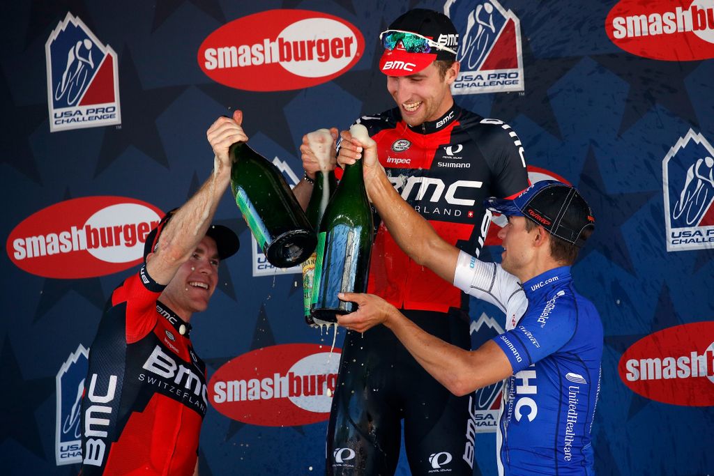 Kiel Reijnen (UnitedHealthcare) celebrates on the podium with Brent Bookwalter and Taylor Phinney (BMC)