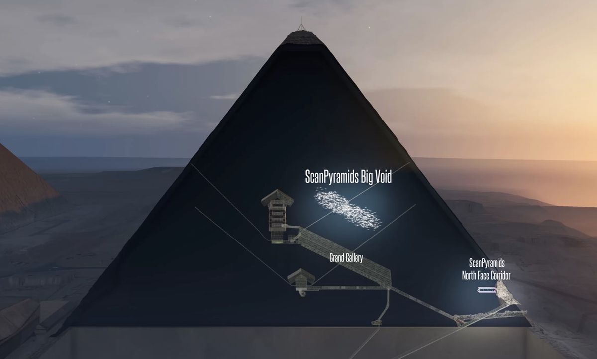 Researchers who analyzed the density of particles called muons found an empty space (shown in this illustration) more than 98 feet (30 meters) long right above the grand gallery of the Great Pyramid — a passageway that leads to what may be the chamber of 