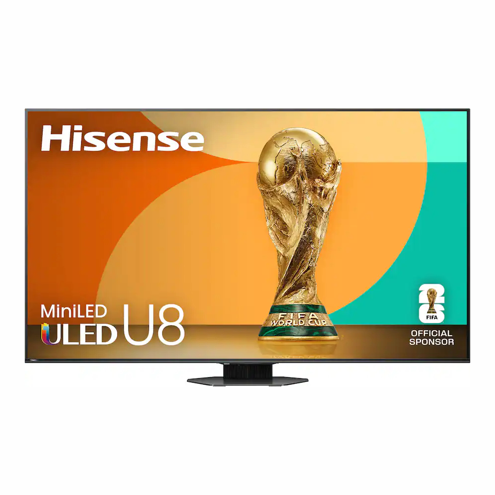 The Hisense U8QG Mini-LED TV displaying the FIFA World Cup trophy