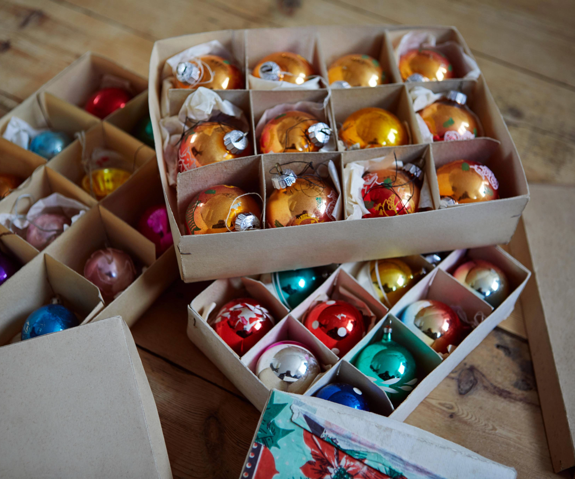Box of baubles in cardboard storage