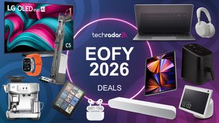 An assortment of tech on a purple background with "EOFY 2026 DEALS" text.