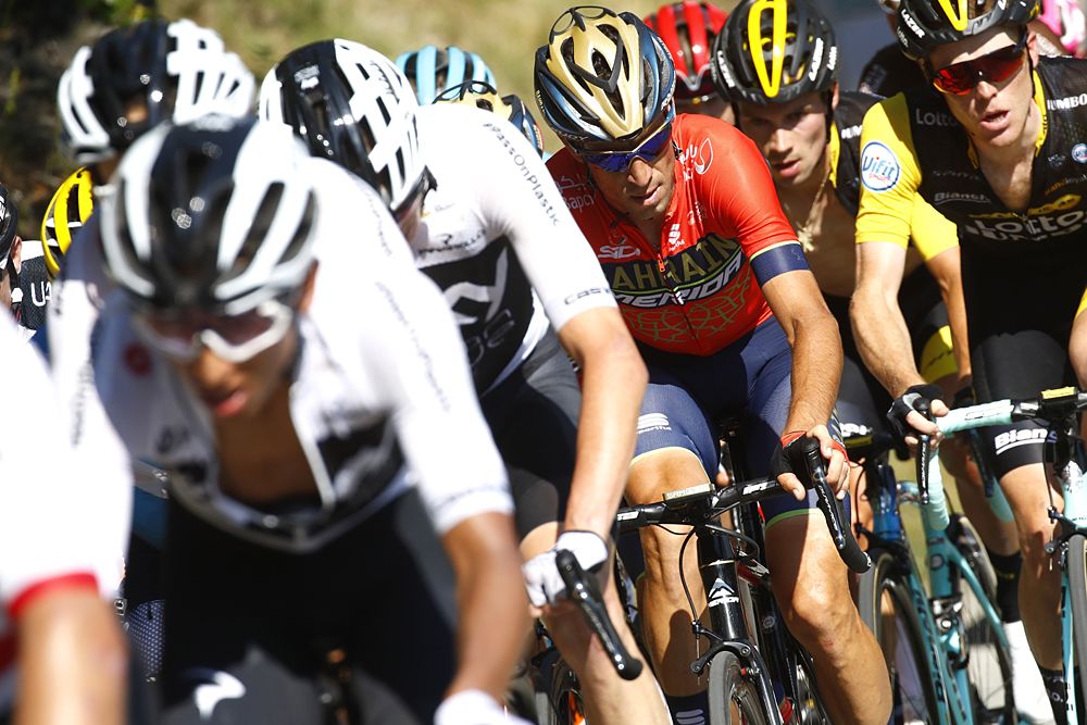 Vincenzo Nibali (Bahrain-Merida) sits on the back Team Sky's pace setting on stage 11 at the Tour de France