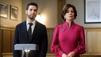 Marcia Gay Harden and Skylar Astin wear suits in court in So Help Me Todd Season 2