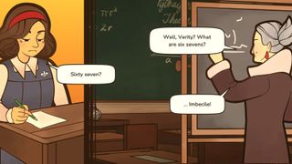 The character takes a test in a school room.