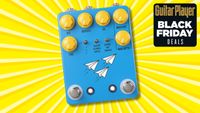 A JHS Pedals Flight Delay guitar pedal on a yellow background