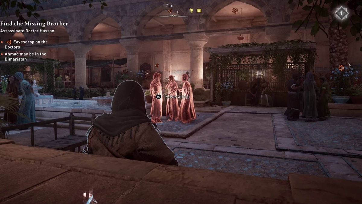 Assassin&#039;s Creed Mirage eavesdropping on doctors in Hall of Wisdom