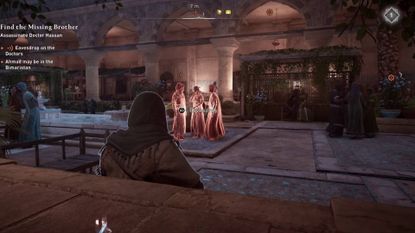 Assassin's Creed Mirage eavesdropping on doctors in Hall of Wisdom