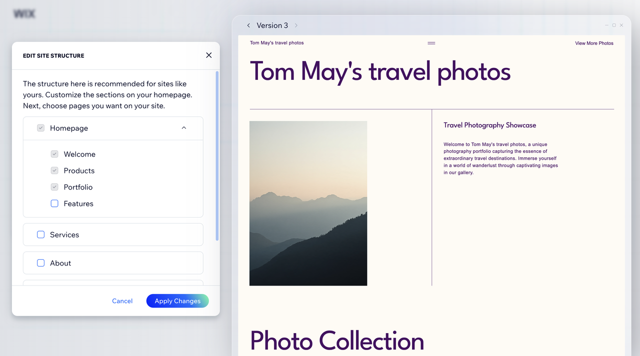 Screengrab showing Wix using AI to build a website
