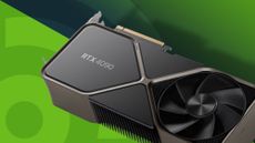 An Nvidia RTX 4090, one of the best Nvidia graphics card picks, against a green techradar background