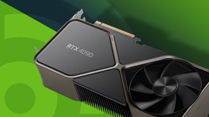 An Nvidia RTX 4090, one of the best Nvidia graphics card picks, against a green techradar background