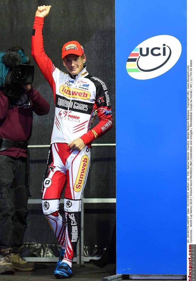 Kevin Pauwels (Sunweb-Napoleon Games) salutes after victory.