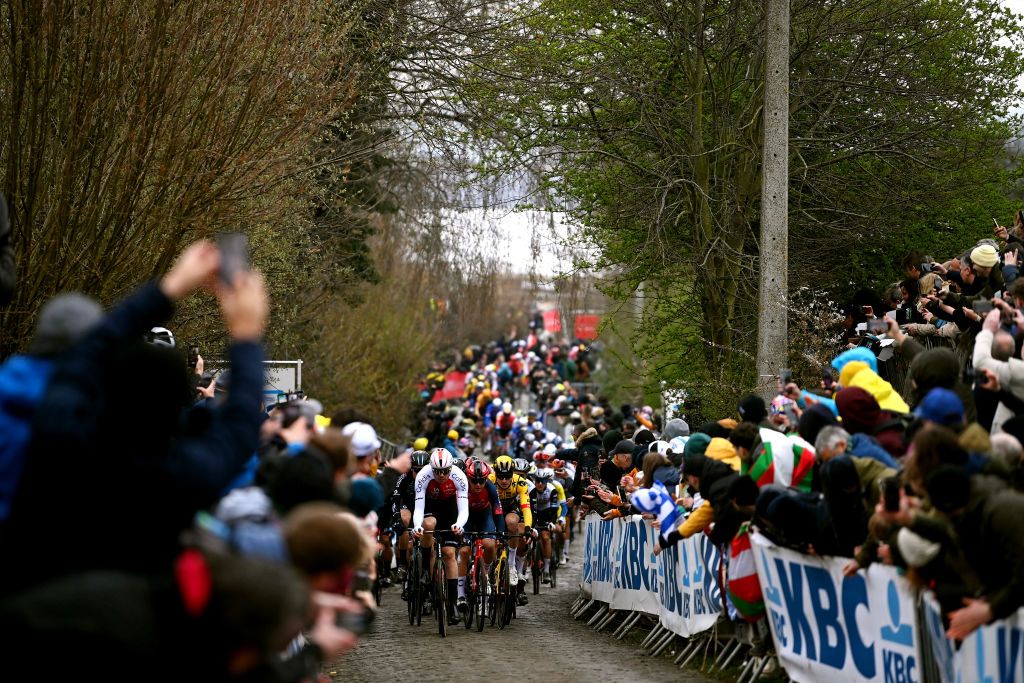 OUDENAARDE BELGIUM APRIL 02 A general view of Max Walscheid of Germany and Team Cofidis and Magnus Sheffield of The United States and Team INEOS Grenadiers compete at the Oude Kwaremont cobblestones sector during the 107th Ronde van Vlaanderen Tour des Flandres 2023 Mens Elite a 2734km one day race from Brugge to Oudenaarde UCIWT on April 02 2023 in Brugge Belgium Photo by Tim de WaeleGetty Images