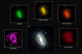 A composite picture showing how a typical galaxy appears at different wavelengths. The GAMA survey has measured the energy output of more than 200,000 galaxies, confirming that the energy produced in one section is only about half its value of 2 billion years ago. In short, the universe is slowly dying, scientists say.