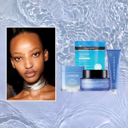 an edit of a model with clear skin next to a handful of hydrating face masks