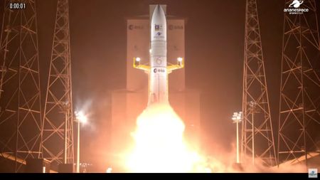An Arianespace Ariane 6 rocket launches two Galileo navigation satellites from Kourou, French Guiana on Dec. 17, 2025.