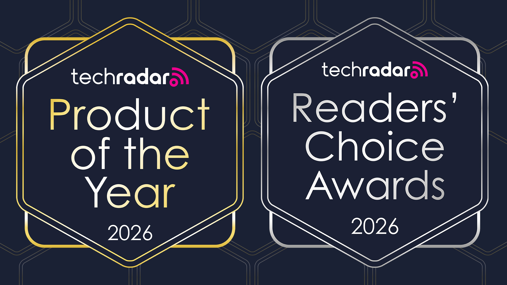 Two award logos. One says "TechRadar Product of the Year 2026" and the other says "TechRadar Readers' Choice Awards 2026"