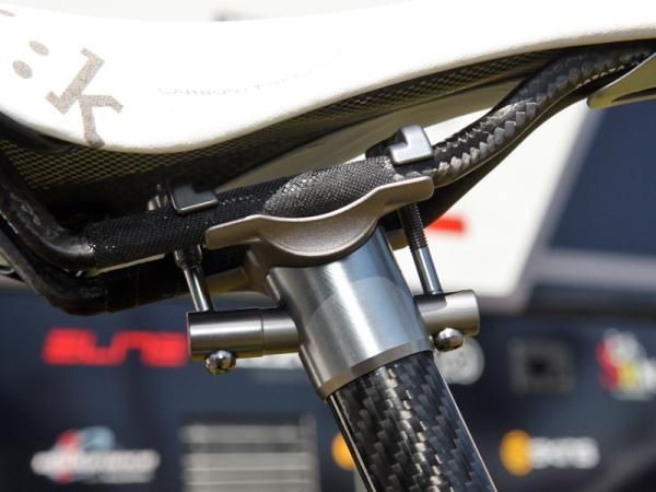 HTC-Highroad sponsor PRO doesn't currently offer a zero-offset seatpost so Tejay Van Garderen's bike is fitted with an unmarked 3T Dorico instead.