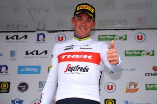 MAMERS FRANCE APRIL 05 Mads Pedersen of Denmark and Team Trek Segafredo celebrates at podium as stage winner during the 68th Circuit Cycliste Sarthe Pays de la Loire 2022 Stage 1 a 1923km stage from Mamers to Mamers CircuitSarthe on April 05 2022 in Mamers France Photo by Dario BelingheriGetty Images