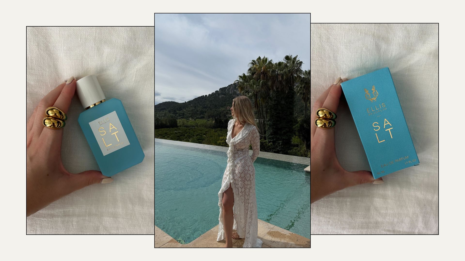 A woman in a white lace dress next to a swimming pool and two pictures of the Ellis Brooklyn Salt Eau de Parfum