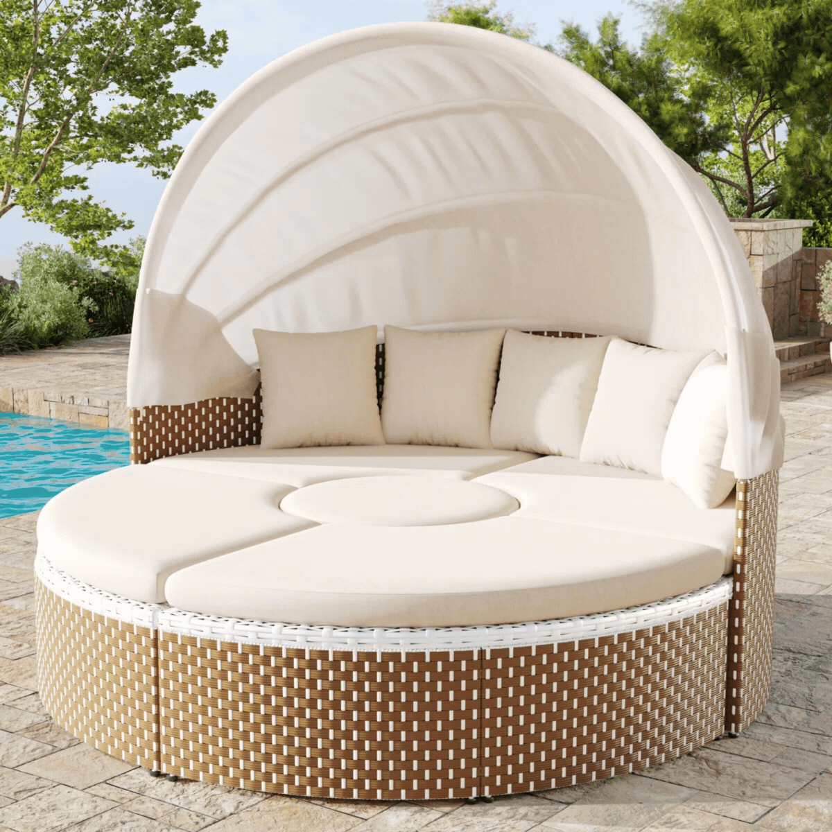 Fjørde & Co , Curved Outdoor Lounge Set Patio Daybed With Adjustable Canopy