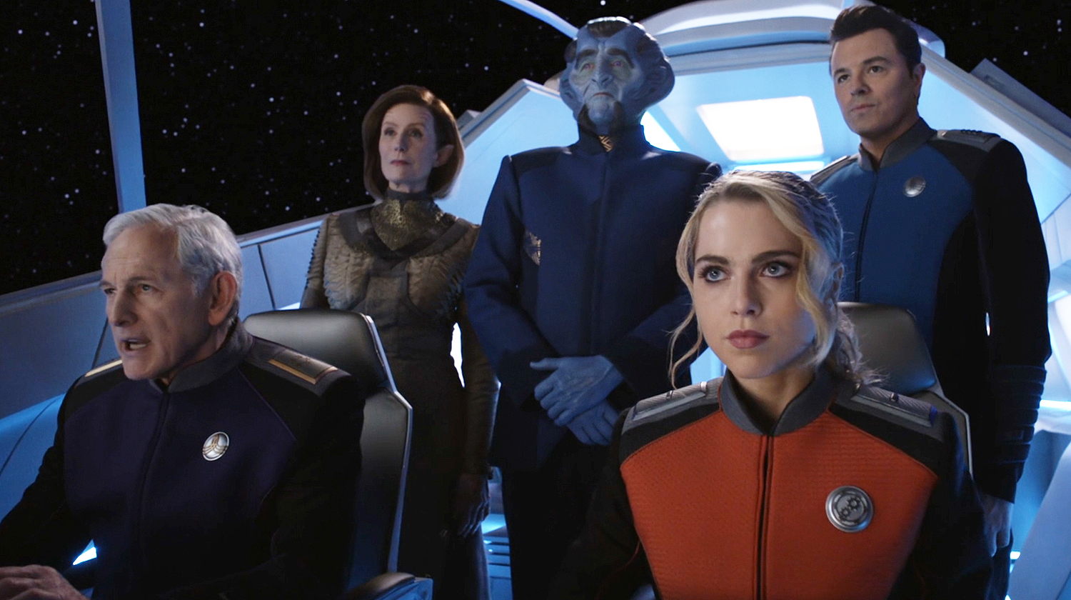 The Orville crew and dignitaries in a shuttlecraft.