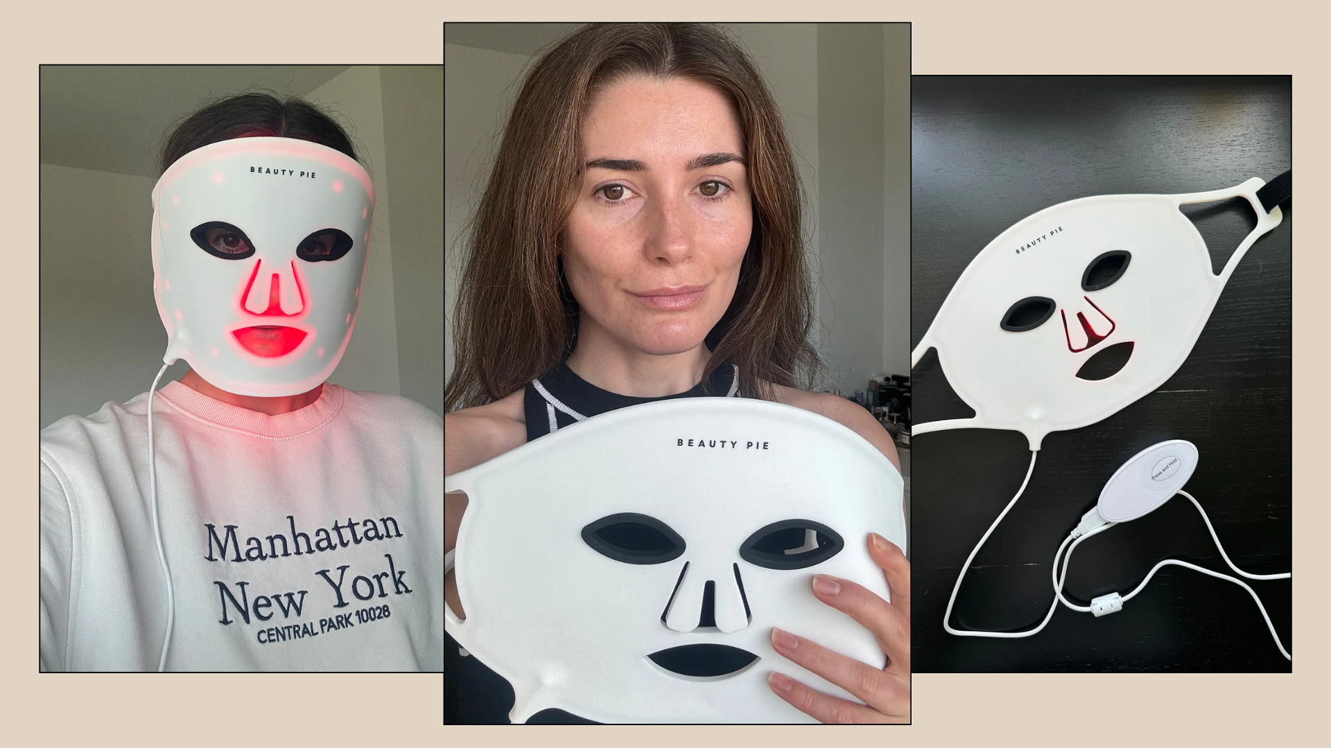 A collage ofBest Knockoff Luxury Clothing
UK Beauty Editor Eleanor Vousden reviewing the Beauty Pie LED Mask.