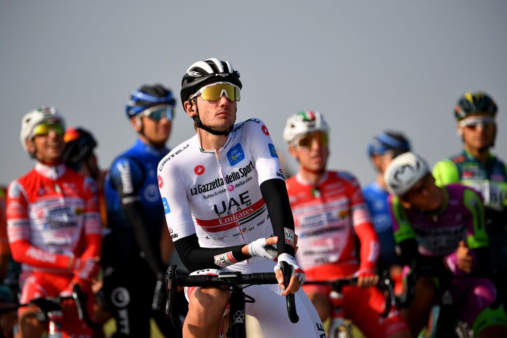 PIANCAVALLO ITALY OCTOBER 18 Start Brandon McNulty of United States and Team UAE Team Emirates White Best Young Rider Jersey during the 103rd Giro dItalia 2020 Stage 15 a 185km stage from Base Aerea Rivolto Frecce Tricolori to Piancavallo 1290m girodiitalia Giro on October 18 2020 in Piancavallo Italy Photo by Stuart FranklinGetty Images