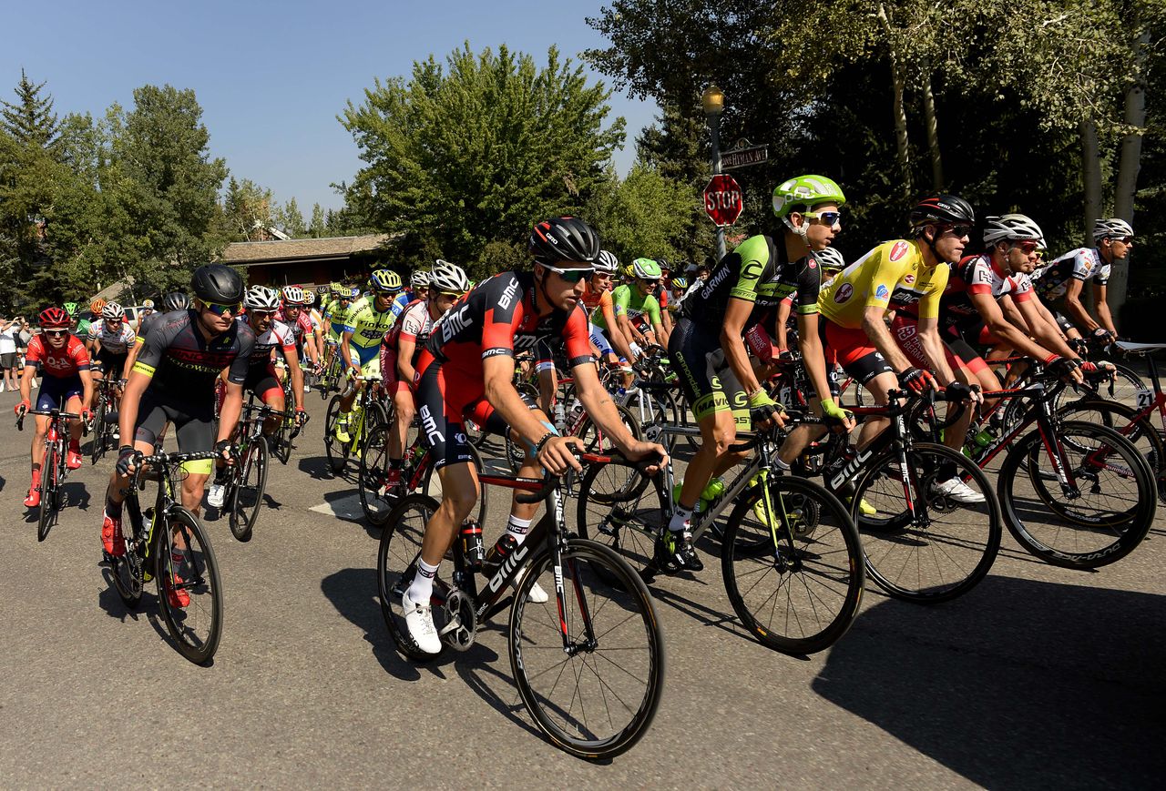 Taylor Phinney is on the front at the start of the race