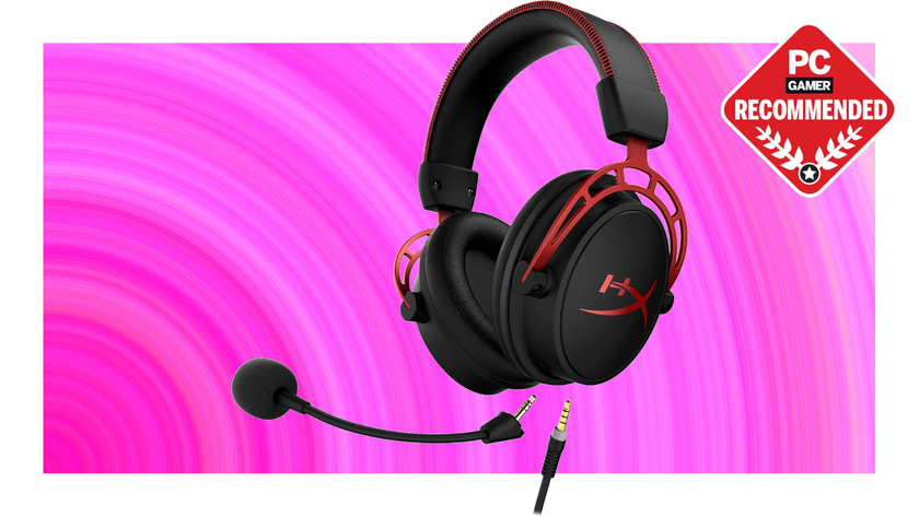 The HyperX Cloud Alpha floats in a void with the 3.5 mm cable and mic arm detached, but also seen floating nearby.
