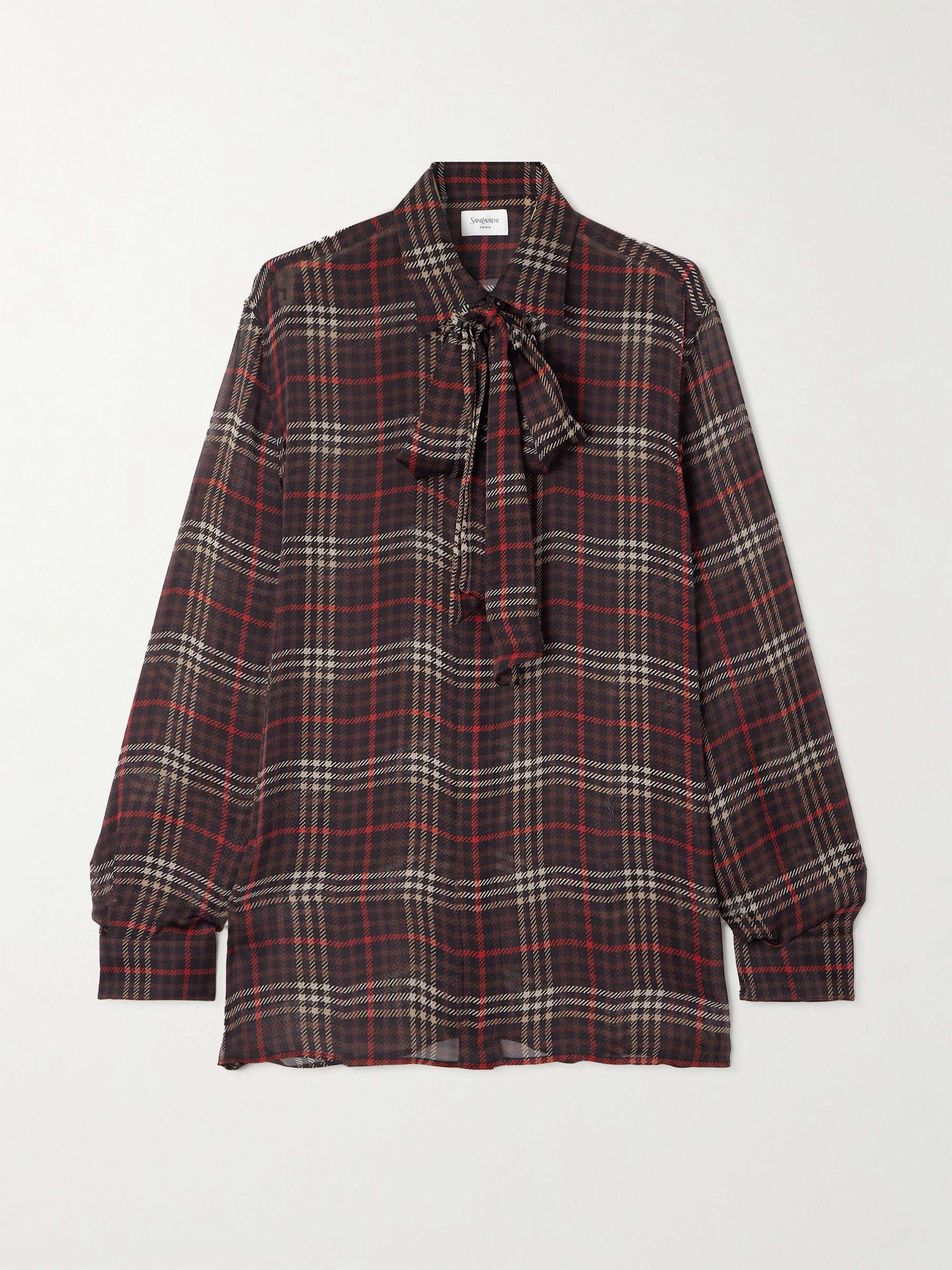 Pussy-Bow Checked Silk-Chiffon Shirt