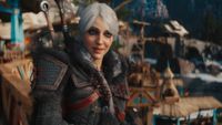 The Witcher 4 tech demo trailer screenshot of Ciri chatting in a market
