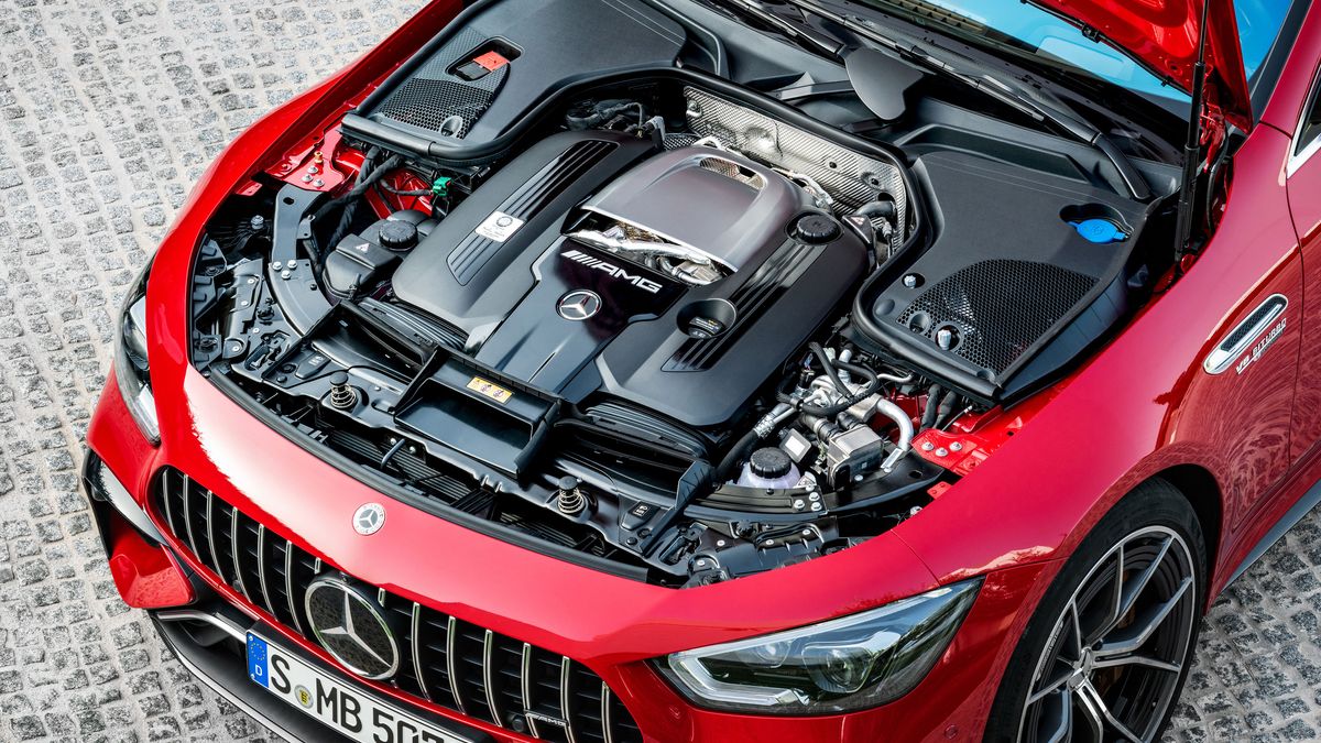 Engine bay of a Mercedes-AMG car