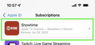 A green box highlights Showtime in Subscriptions page