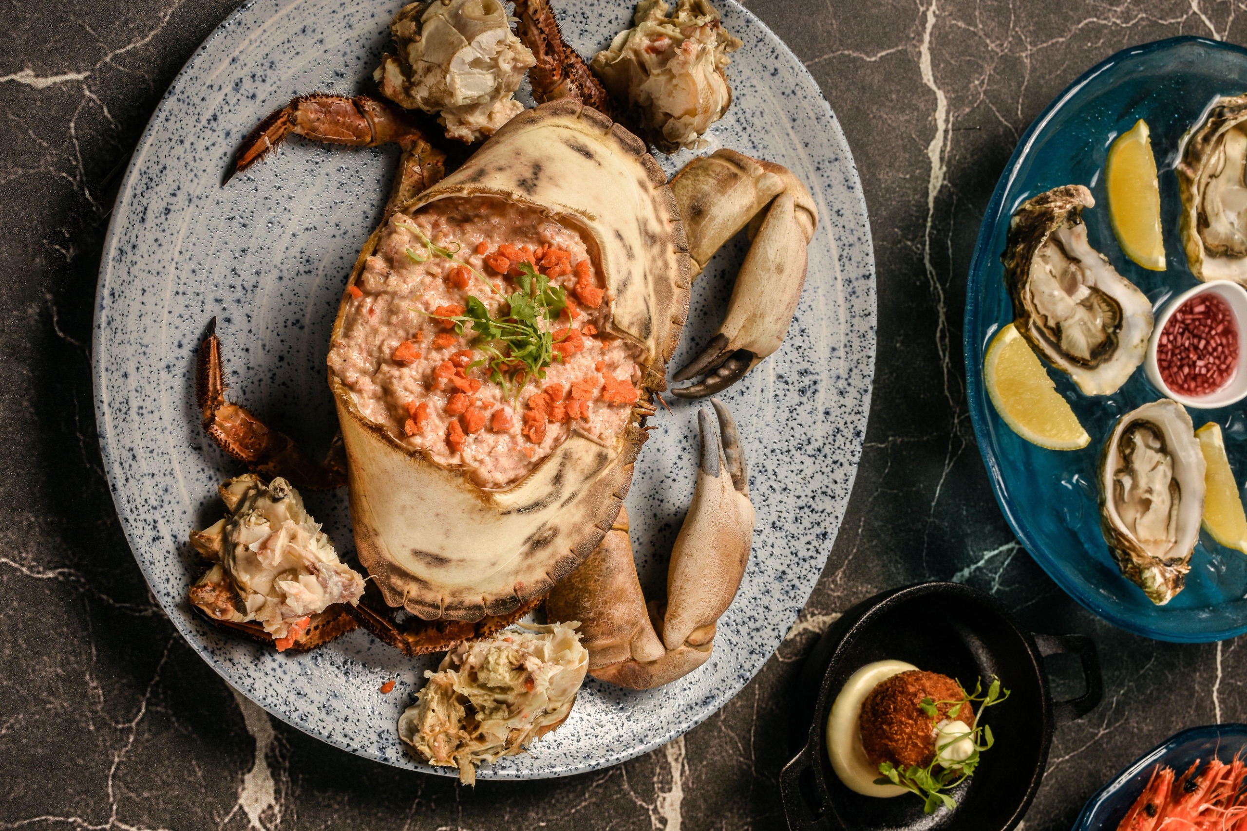 Aerial photograph of a dressed crab on a mottled grey plate. Next to it is a blue plate of shucked oysters 